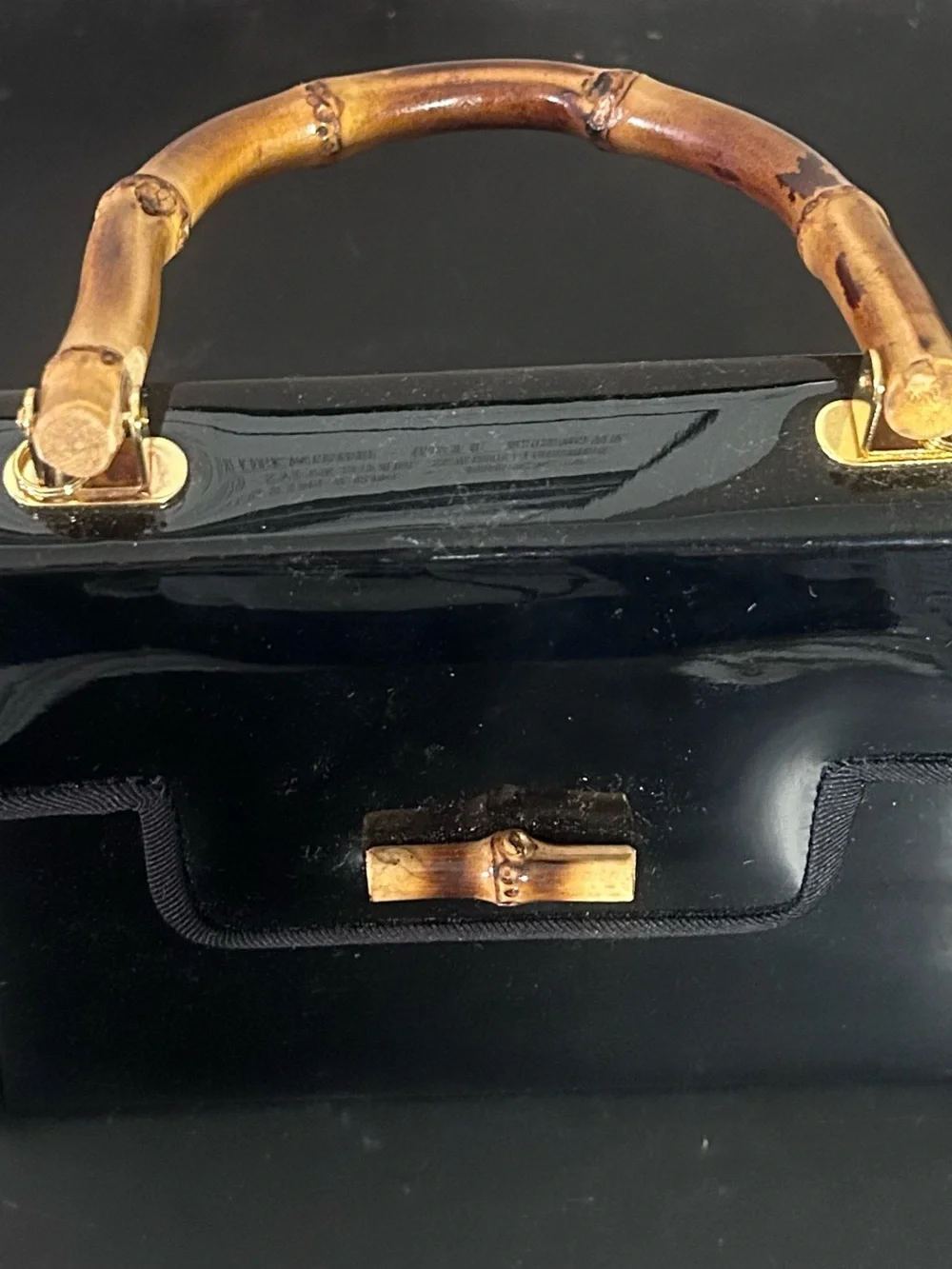 Black Patent Top-Handle Bag with Bamboo Accent